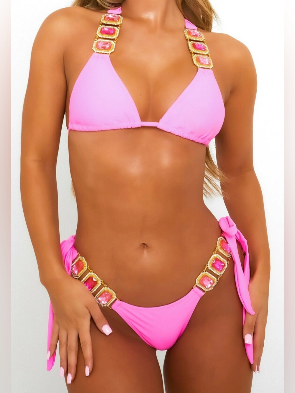 Moda Minx Neon Hot Pink Boujee Luxe Rhinestone Crystal Triangle Bikini Set M S👙💖